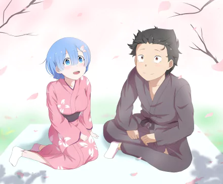 Rem and Subaru Natsuki from Re:Zero sit under falling cherry blossoms in kimonos, soft pastel tones — 4K Ultra HD PC desktop wallpaper.