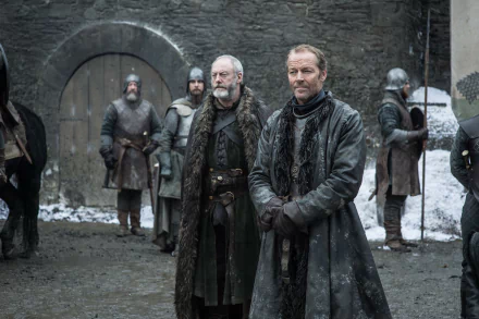 Two veteran officers in furs stand in a snowy courtyard flanked by armored guards — cinematic 5K Ultra HD Game of Thrones PC desktop wallpaper.