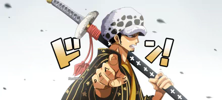 HD PC desktop wallpaper featuring Trafalgar Law from the anime One Piece, showcasing the character in a dynamic pose with his sword and signature hat.