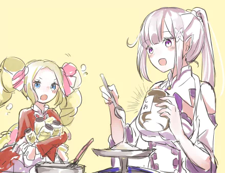 HD PC wallpaper of Beatrice and Emilia from Re:Zero - Starting Life in Another World: anime scene with Beatrice holding sweets and Emilia stirring from a jar on a pale yellow background.
