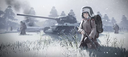 Anime-style military scene in a snowy battlefield featuring soldiers and tanks, rendered in stunning 4K Ultra HD for PC desktop wallpaper.