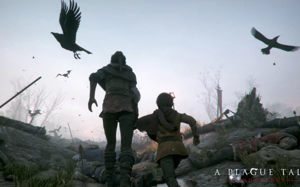 HD wallpaper of Amicia and Hugo de Rune from A Plague Tale: Innocence with crows flying in a dismal landscape.