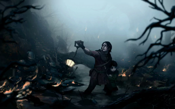 HD wallpaper featuring Amicia and Hugo de Rune from A Plague Tale: Innocence amidst a dark, eerie forest setting.