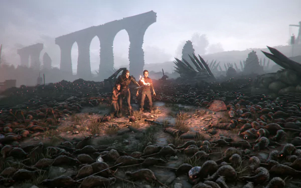 HD wallpaper featuring Amicia and Hugo de Rune from A Plague Tale: Innocence, standing amidst rats with a torch.