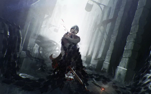 HD wallpaper from A Plague Tale: Innocence featuring a character standing amidst swarming rats in a desolate alley, bow in hand.
