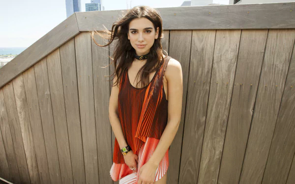 HD PC desktop wallpaper of English singer Dua Lipa with brunette hair, wearing a sleeveless top and standing against a wooden fence backdrop.