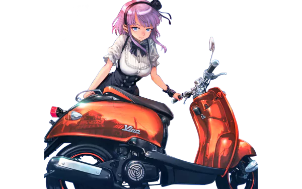 Shidare Hotaru from Dagashi Kashi sits confidently on a glossy red scooter, depicted in vibrant anime style as a high-definition PC desktop wallpaper.