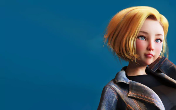 HD PC desktop wallpaper of Android 18 (Dragon Ball Z) — anime portrait of the blonde-haired cyborg in a leather jacket against a deep blue background.