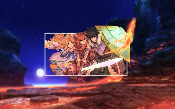 4K Ultra HD anime wallpaper featuring Naofumi Iwatani, Raphtalia, and Filo from The Rising of The Shield Hero against a vibrant, fiery landscape.