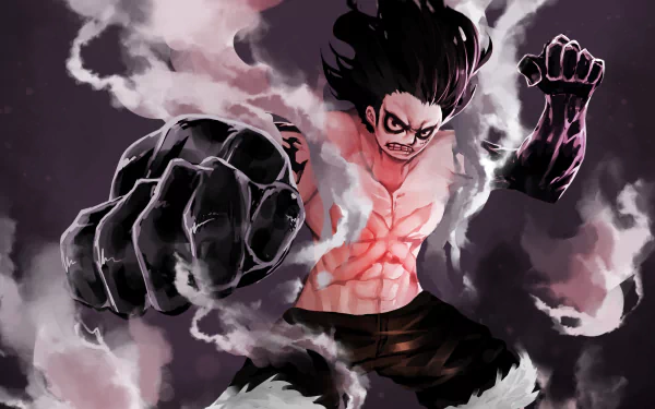 Vibrant 4K Ultra HD anime wallpaper featuring Monkey D. Luffy in Gear Fourth form from One Piece, showcasing dynamic energy and intense expression against a smoky background.