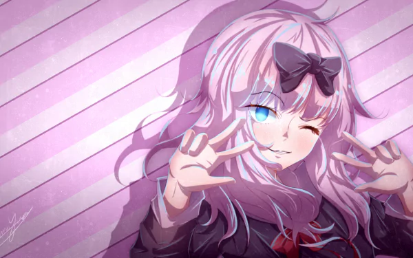 HD desktop wallpaper featuring Chika Fujiwara from the anime Kaguya-sama: Love is War. Chika is winking playfully with her hands in a peace sign against a pink striped background.