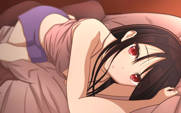 HD desktop wallpaper featuring Kaguya Shinomiya from Kaguya-sama: Love is War, lying on her side on a bed with a thoughtful expression.