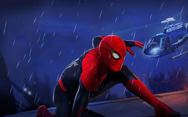 Spider-Man in his black and red suit crouches on a rooftop in the rain with a helicopter in the background, a 4K Ultra HD wallpaper from Spider-Man: Far From Home.