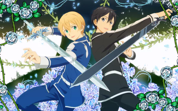 Eugeo with blonde hair and Kirito with black hair from Sword Art Online: Alicization wield the Blue Rose Sword and a sword amid glowing blue roses in this HD anime wallpaper.