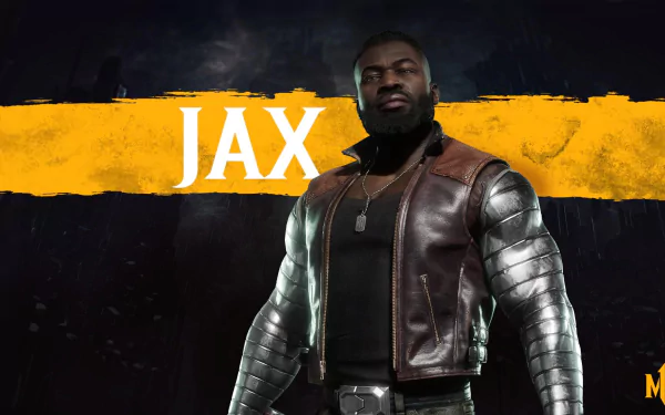 HD PC desktop wallpaper featuring Jax from Mortal Kombat 11, showcasing his metallic arms and leather vest against a dark background with bold yellow accents.