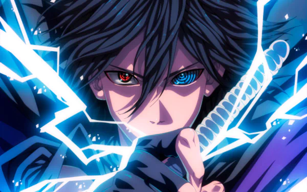HD desktop wallpaper featuring Sasuke Uchiha from the anime Naruto, depicted with intense eyes and lightning effects.