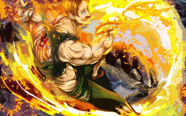 HD desktop wallpaper featuring Escanor from the anime The Seven Deadly Sins in a dynamic pose with a fiery background.