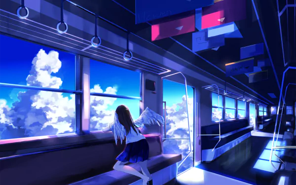 HD desktop wallpaper featuring an anime-style scene of a train interior with a young angelic character gazing out a window at a bright, cloudy sky.