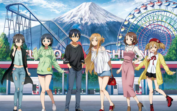 A vibrant HD desktop wallpaper featuring Kazuto Kirigaya, Keiko Ayano, Suguha Kirigaya, Lisbeth, Shino Asada, Asuna Yuuki, and Kirito from Sword Art Online: Alicization, set against a theme park backdrop with a mountain.