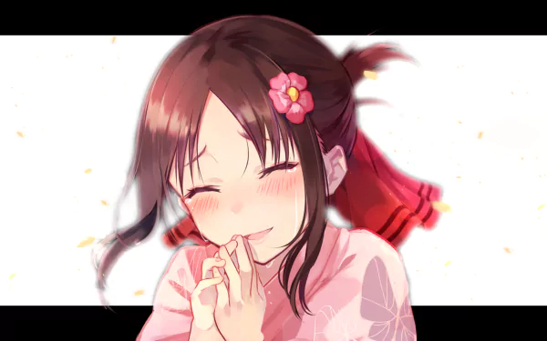 HD desktop wallpaper featuring Kaguya Shinomiya from the anime Kaguya-sama: Love is War, smiling with a pink flower in her hair.