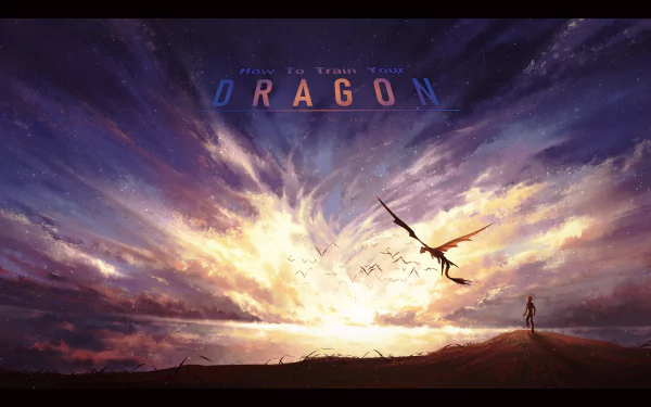 4K Ultra HD wallpaper featuring Hiccup and Toothless from How to Train Your Dragon against a dramatic, colorful sky with the movie title above.