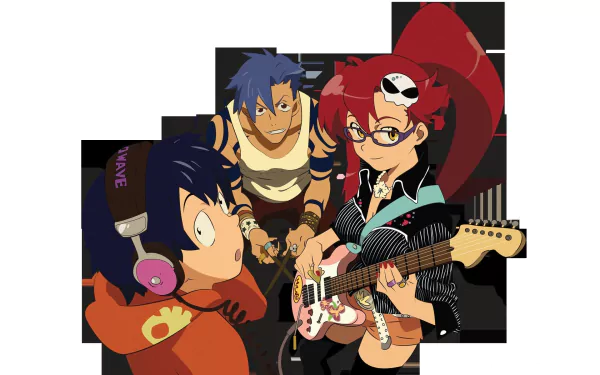HD PC desktop wallpaper featuring anime characters Simon, Kamina, and Yoko Littner from Tengen Toppa Gurren Lagann in a dynamic group pose.