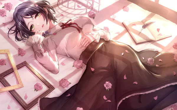 Hayami Kanade from The iDOLM@STER Cinderella Girls lies gracefully among rose petals in a soft-lit 4K Ultra HD anime desktop wallpaper.