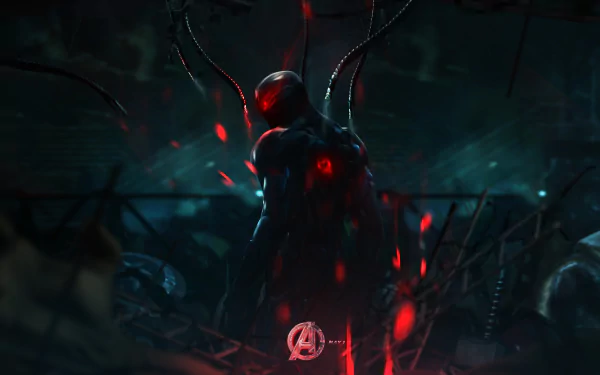 Ultron from Avengers: Age of Ultron looms in darkness with a red glowing core and mechanical tendrils amid wreckage — 2K Quad HD PC desktop wallpaper.