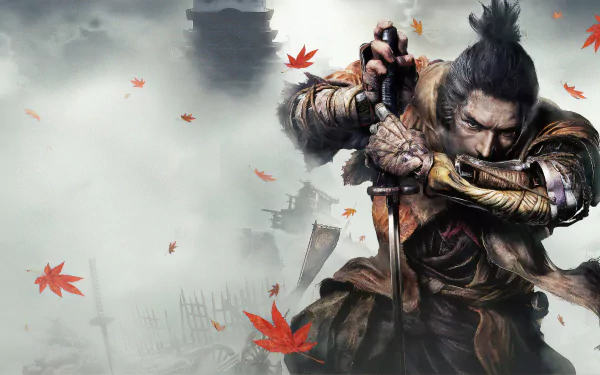 HD wallpaper of Sekiro: Shadows Die Twice featuring a warrior in traditional armor amidst falling red leaves and a misty background with ancient structures.