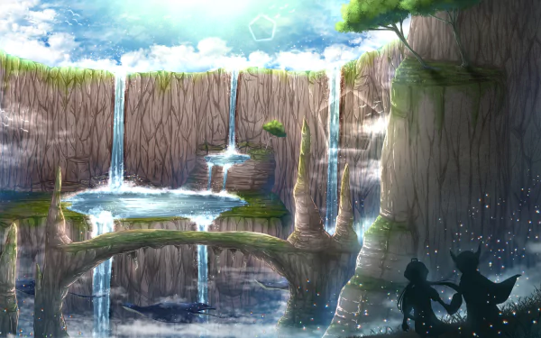 HD PC desktop wallpaper featuring Riko and Reg from the anime Made in Abyss, set against a stunning backdrop of cascading waterfalls and lush cliffs.