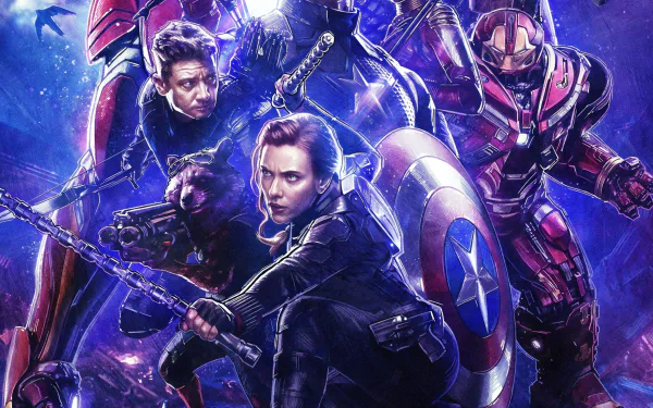 HD desktop wallpaper of Avengers EndGame featuring Hulkbuster, Jeremy Renner as Hawkeye, Scarlett Johansson as Black Widow, and Rocket Raccoon in action poses with a vibrant, cinematic background.