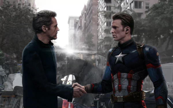 HD wallpaper featuring Robert Downey Jr. as Tony Stark and Chris Evans as Captain America from the movie Avengers Endgame, shaking hands in a city street.