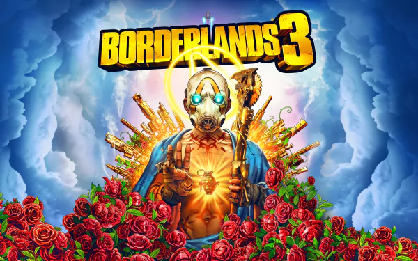 HD desktop wallpaper featuring Borderlands 3, with the iconic masked character surrounded by red roses and blue sky in the background.