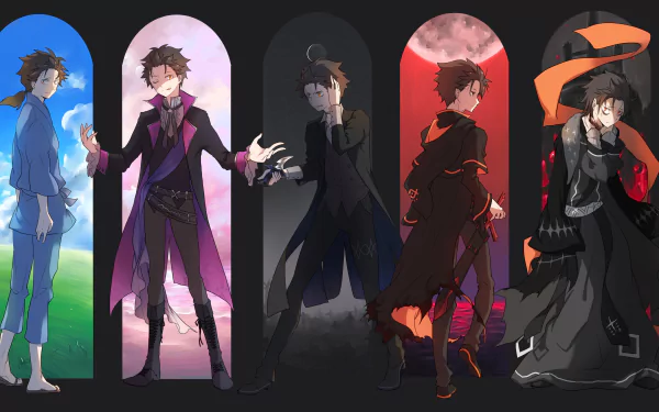 HD desktop wallpaper featuring Subaru Natsuki from the anime Re:Zero - Starting Life in Another World in various outfits and backgrounds, showcased through five distinct panels.
