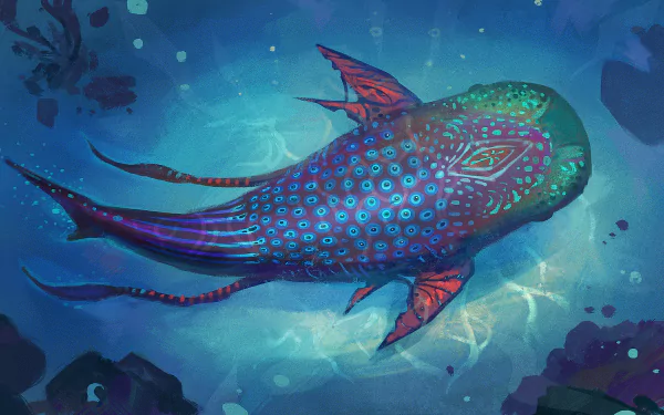 HD fantasy wallpaper featuring a vibrant, otherworldly fish with glowing patterns and colors, swimming in a mystical underwater scene.
