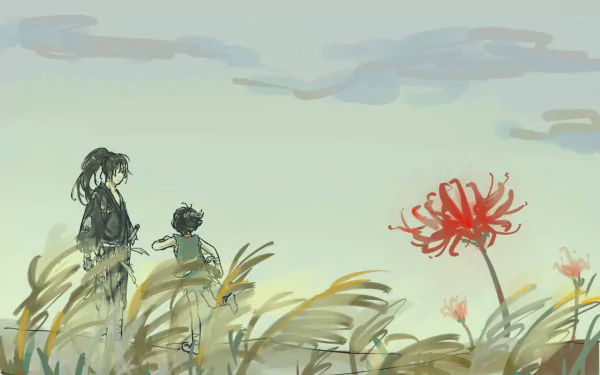 HD PC desktop wallpaper of Hyakkimaru (Dororo) and Dororo (character) from the anime Dororo, standing in tall grass beside a red spider lily beneath a pale, cloudy sky.