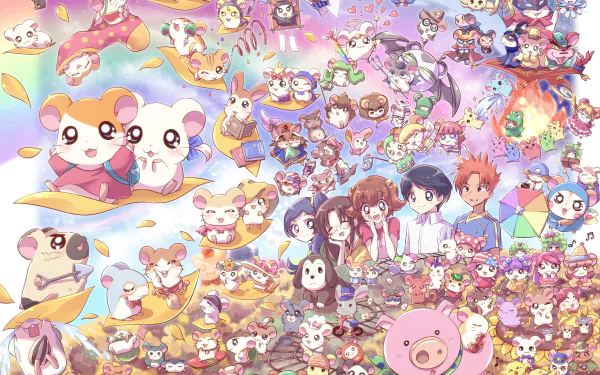 HD desktop wallpaper featuring an anime scene from Hamtaro, showcasing colorful and whimsical characters in a vibrant, playful design.