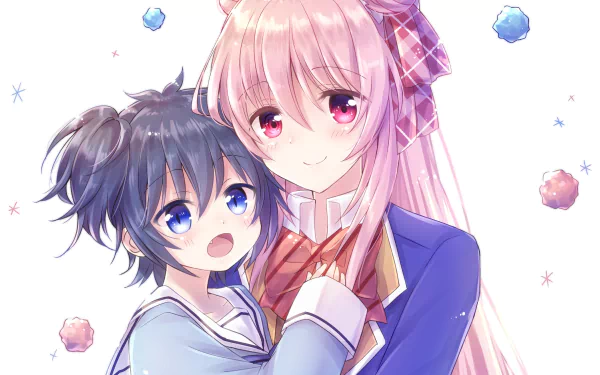HD desktop wallpaper featuring Shio Kōbe and Satō Matsuzaka from the anime Happy Sugar Life. They are depicted with affectionate expressions against a soft white background.