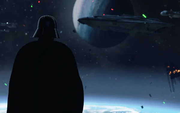 Darth Vader stands silhouetted against a space backdrop with a Star Destroyer and the Death Star, from the Star Wars Battlefront II (2017) video game in 4K Ultra HD.