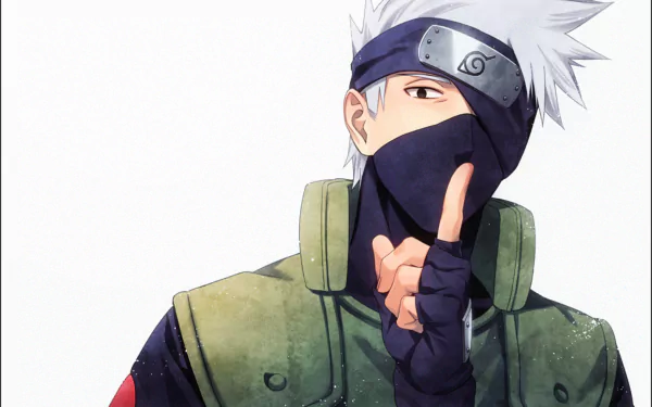 HD desktop wallpaper of Kakashi Hatake from the anime Naruto, showing him in his signature ninja attire with a headband and mask, raising a finger to his lips.