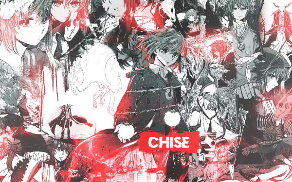 HD PC desktop wallpaper featuring Chise Hatori from the anime The Ancient Magus' Bride in a dynamic, red and black stylized collage design.