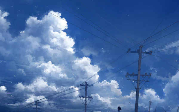 HD anime-style desktop wallpaper featuring a vivid blue sky with fluffy white clouds and utility poles silhouetted against the bright backdrop.