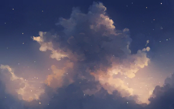 HD anime-style desktop wallpaper featuring a vibrant sky with softly glowing clouds and scattered sparkles.