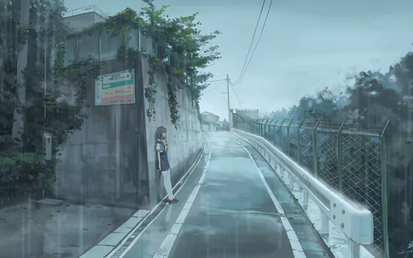 Anime character Kyou Fujibayashi stands on a rainy road from Clannad, shown in an HD desktop wallpaper and background.