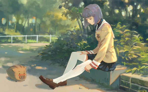 HD anime wallpaper featuring Ryou Fujibayashi from Clannad, sitting thoughtfully on a stone bench in a sunlit park with soft greenery in the background.