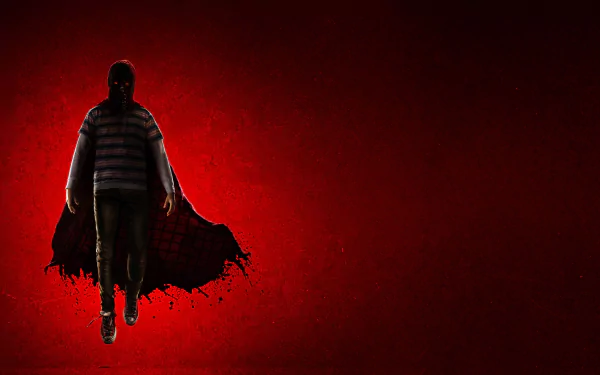 Menacing cloaked figure from the movie Brightburn hovers against a blood-red textured backdrop — 8K Ultra HD PC desktop wallpaper/background