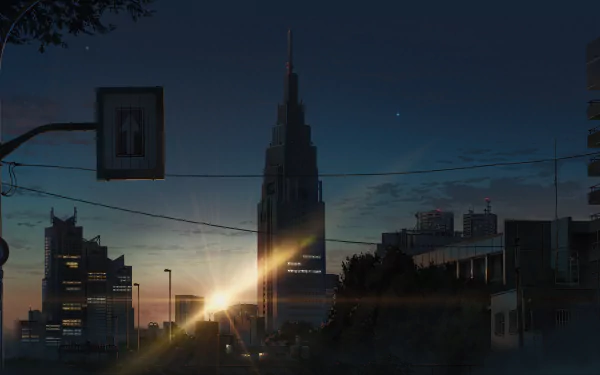 Anime-style Your Name. cityscape at dusk, sun flare breaking behind a towering central skyscraper, silhouetted buildings and power lines — 8K Ultra HD PC desktop wallpaper and background.