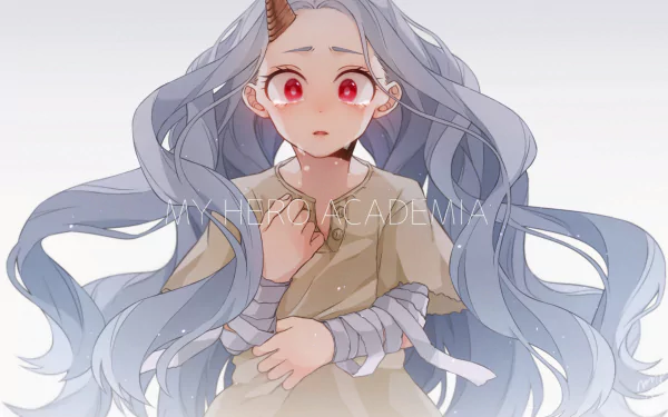 HD desktop wallpaper featuring Eri, a character from the anime My Hero Academia. Eri is depicted with long silver hair, red eyes, and a distressed expression, set against a light, gradient background.