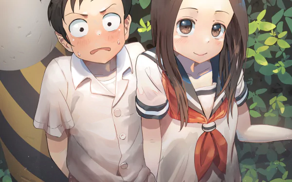 HD anime desktop wallpaper featuring Nishikata blushing nervously and Takagi smiling confidently from Teasing Master Takagi-san, set against a leafy background.