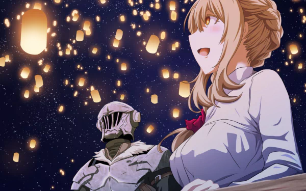 HD anime desktop wallpaper featuring Guild Girl and Goblin Slayer from the Goblin Slayer series, surrounded by glowing floating lanterns against a night sky.